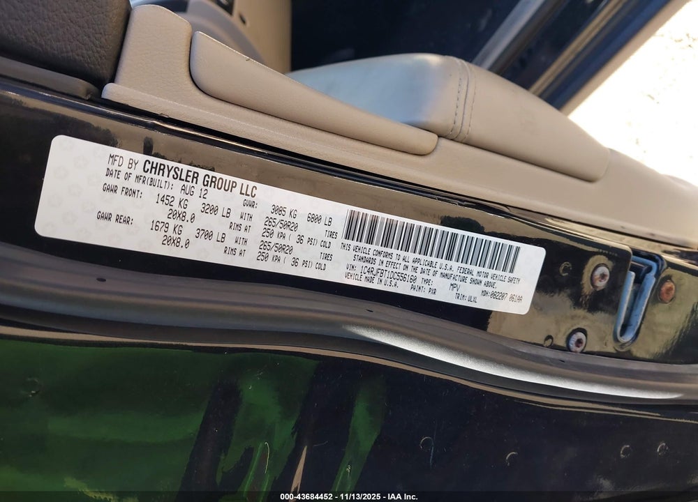 2013 JEEP GRAND CHEROKEE LIMITED VIN: 1C4RJFBT1DC556160