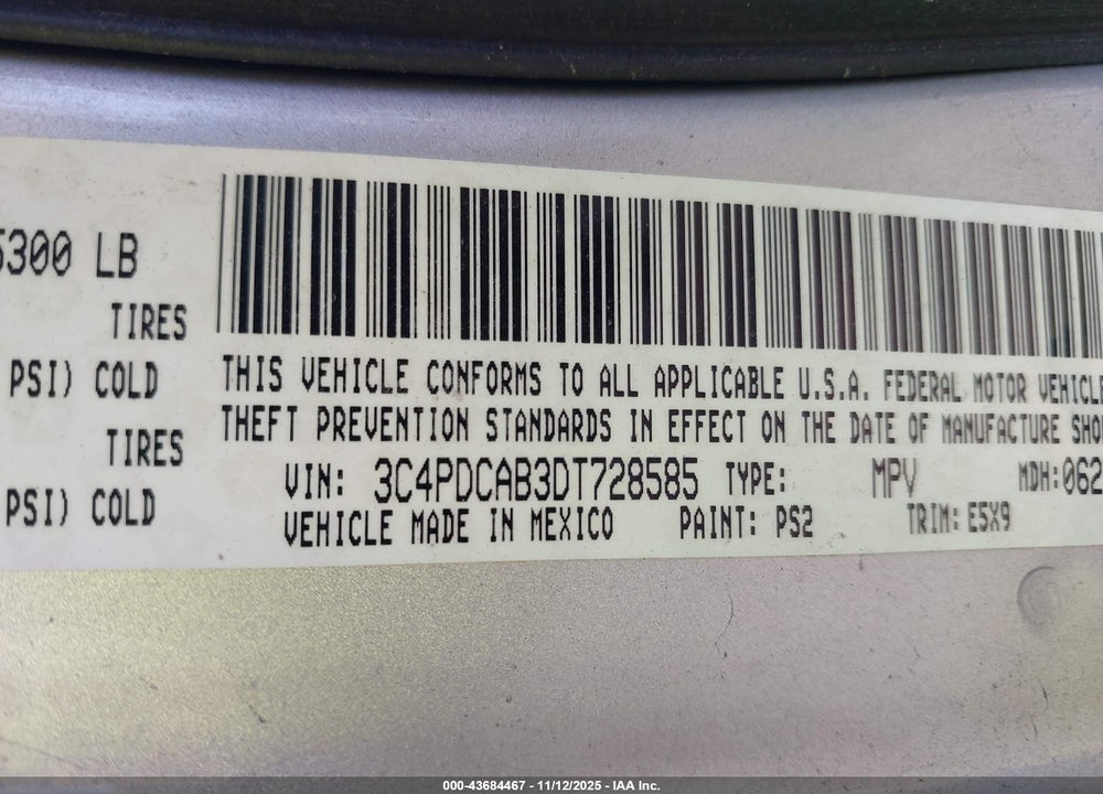 2013 DODGE JOURNEY AMERICAN VALUE PKG VIN: 3C4PDCAB3DT728585