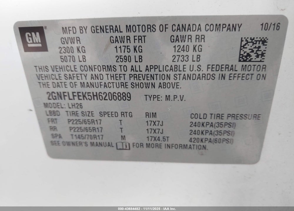 2017 CHEVROLET EQUINOX LT VIN: 2GNFLFEK5H6206889