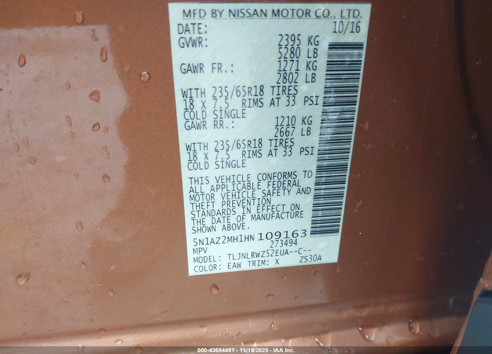 2017 NISSAN MURANO SL VIN: 5N1AZ2MH1HN109163