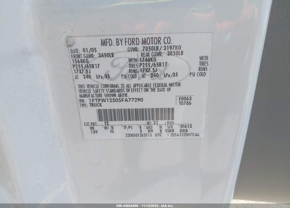 2005 FORD F-150 LARIAT/XLT VIN: 1FTPW12505FA77290