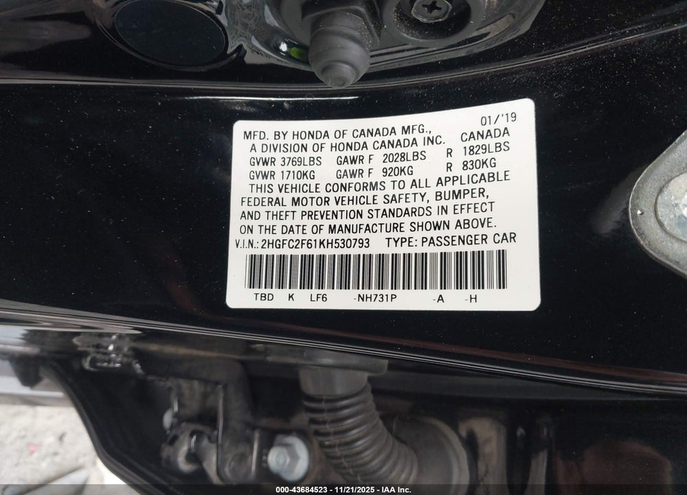 2019 HONDA CIVIC LX VIN: 2HGFC2F61KH530793