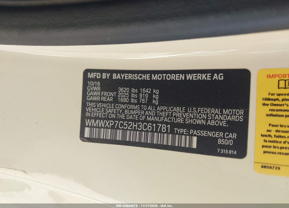 2017 MINI HARDTOP COOPER S VIN: WMWXP7C52H3C61781