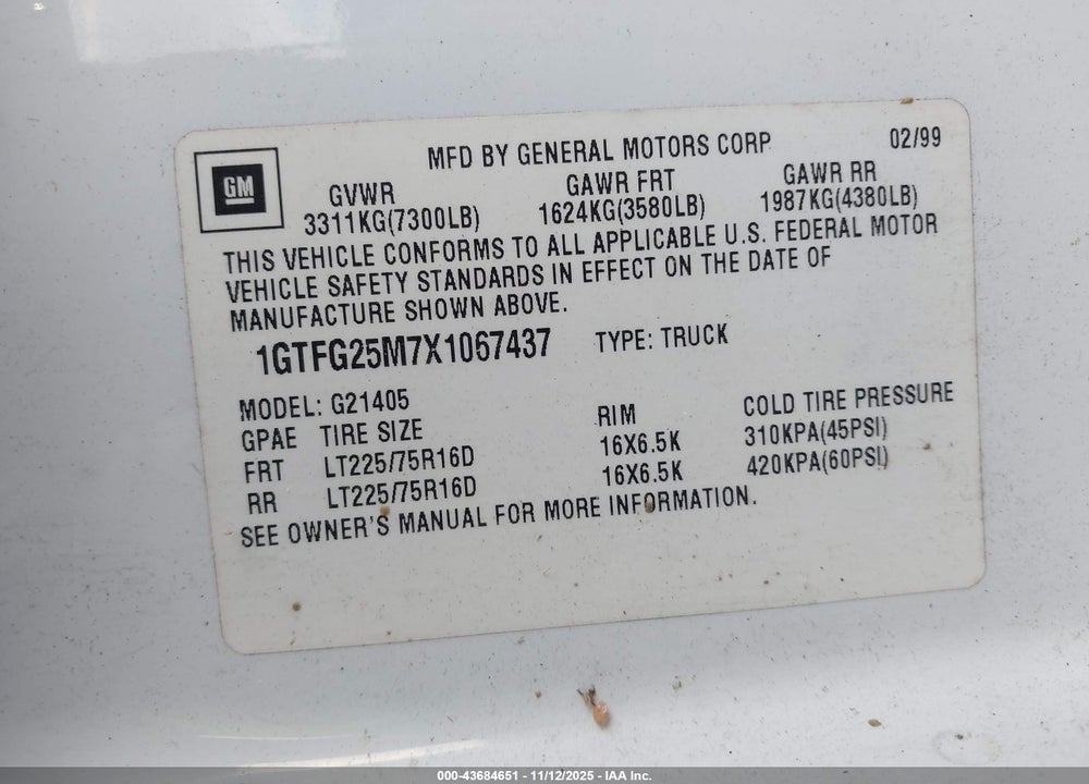 1999 GMC SAVANA STANDARD VIN: 1GTFG25M7X1067437