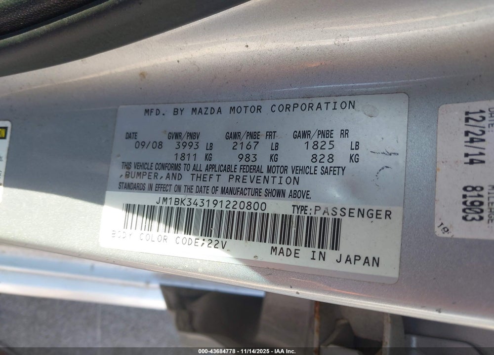 2009 MAZDA 3 S SPORT VIN: JM1BK343191220800