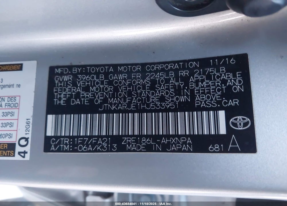 2017 TOYOTA COROLLA IM VIN: JTNKARJE1HJ533951