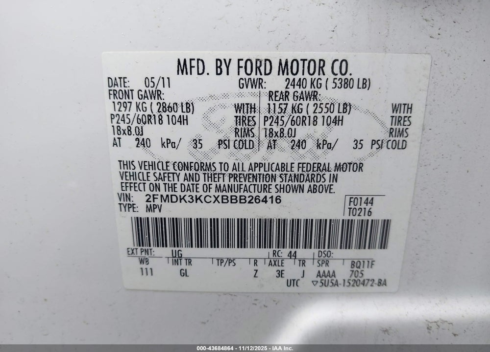 2011 FORD EDGE VIN: 2FMDK3KCXBBB26416