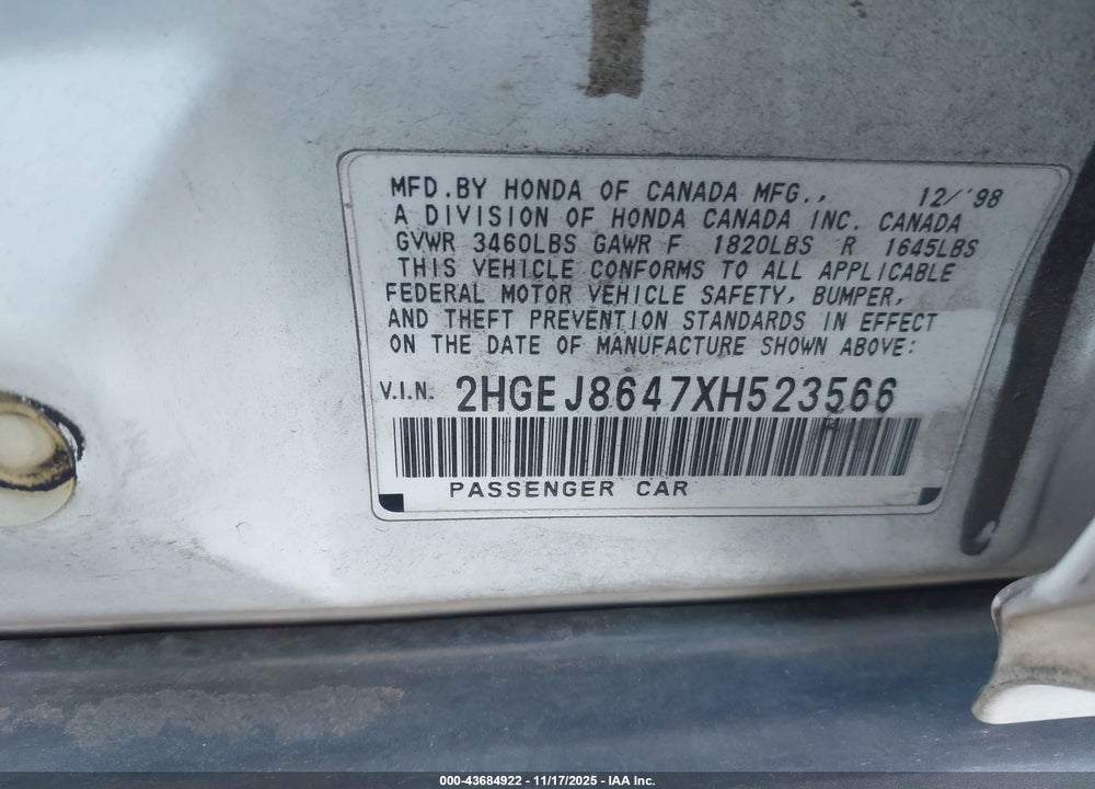 1999 HONDA CIVIC EX VIN: 2HGEJ8647XH523566