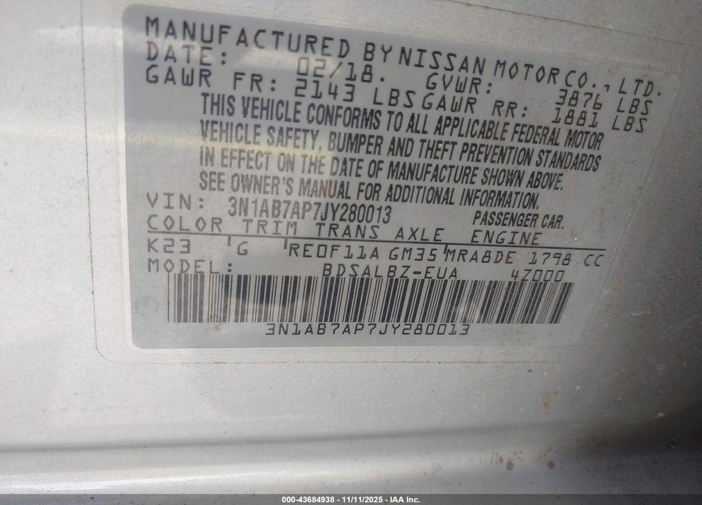2018 NISSAN SENTRA VIN: 3N1AB7AP7JY280013