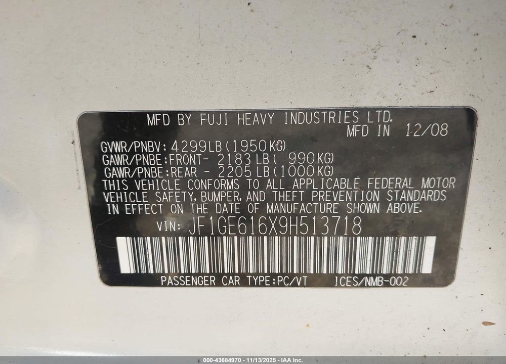 2009 SUBARU IMPREZA 2.5I VIN: JF1GE616X9H513718
