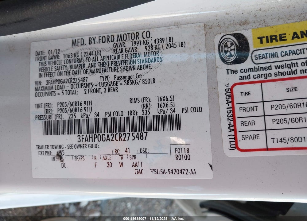 2012 FORD FUSION S VIN: 3FAHP0GA2CR275487