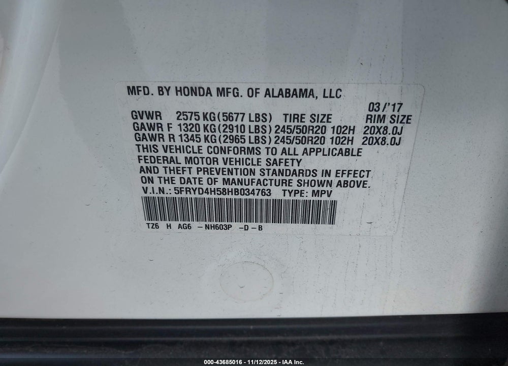 2017 ACURA MDX VIN: 5FRYD4H58HB034763