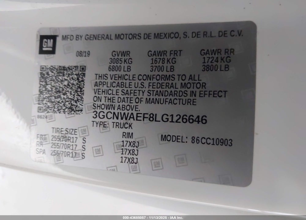 2020 CHEVROLET SILVERADO 1500 2WD LONG BED WT VIN: 3GCNWAEF8LG126646