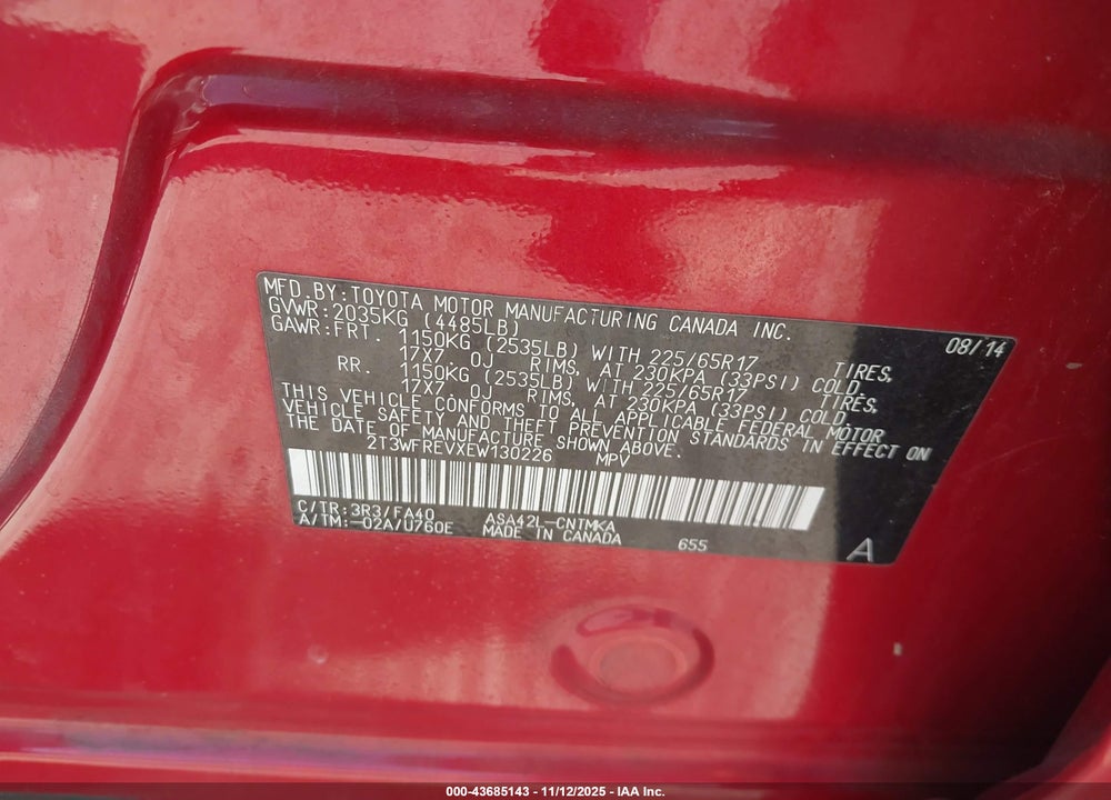 2014 TOYOTA RAV4 VIN: 2T3WFREVXEW130226