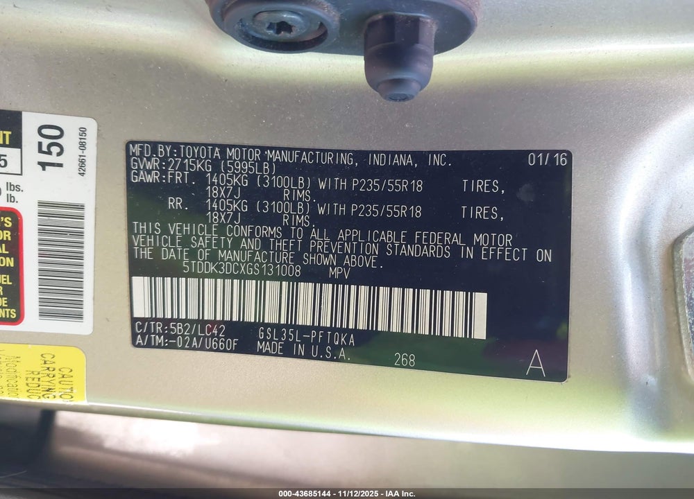 2016 TOYOTA SIENNA XLE 7 PASSENGER VIN: 5TDDK3DCXGS131008
