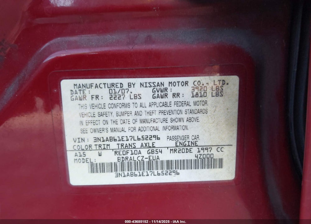 2007 NISSAN SENTRA 2.0 VIN: 3N1AB61E17L652296