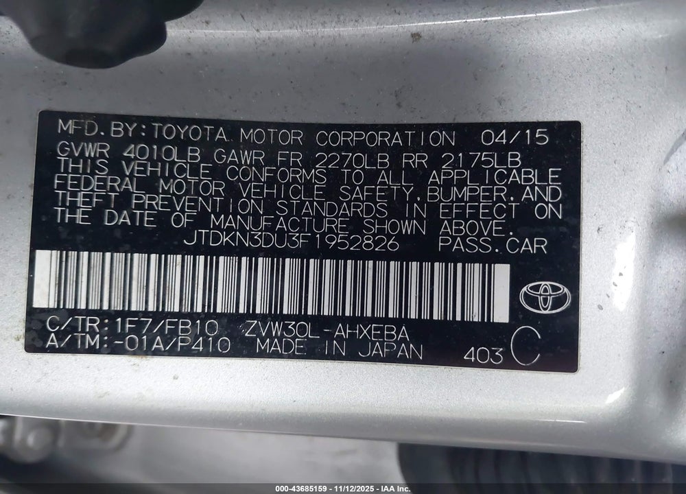 2015 TOYOTA PRIUS VIN: JTDKN3DU3F1952826