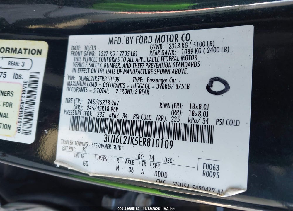 2014 LINCOLN MKZ VIN: 3LN6L2JK5ER810109