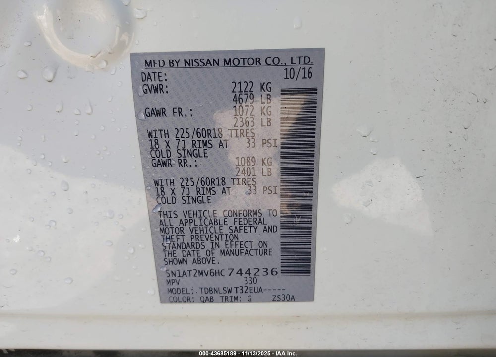 2017 NISSAN ROGUE SL VIN: 5N1AT2MV6HC744236