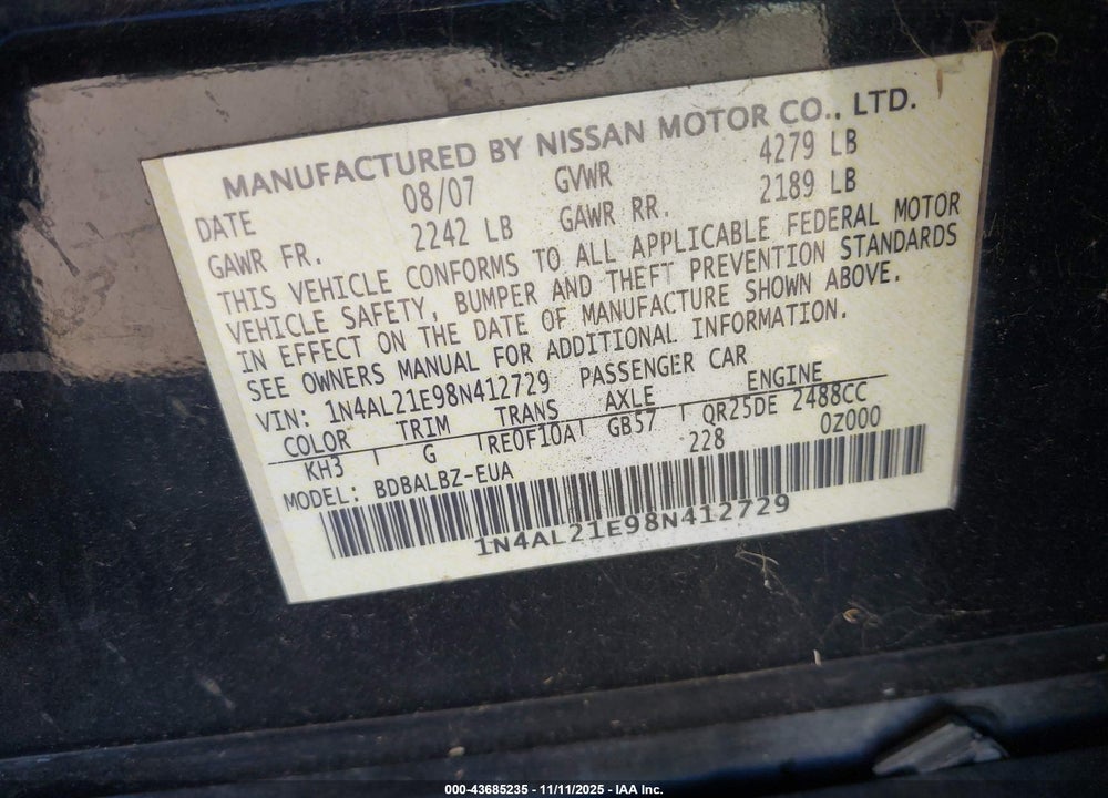 2008 NISSAN ALTIMA 2.5 S VIN: 1N4AL21E98N412729