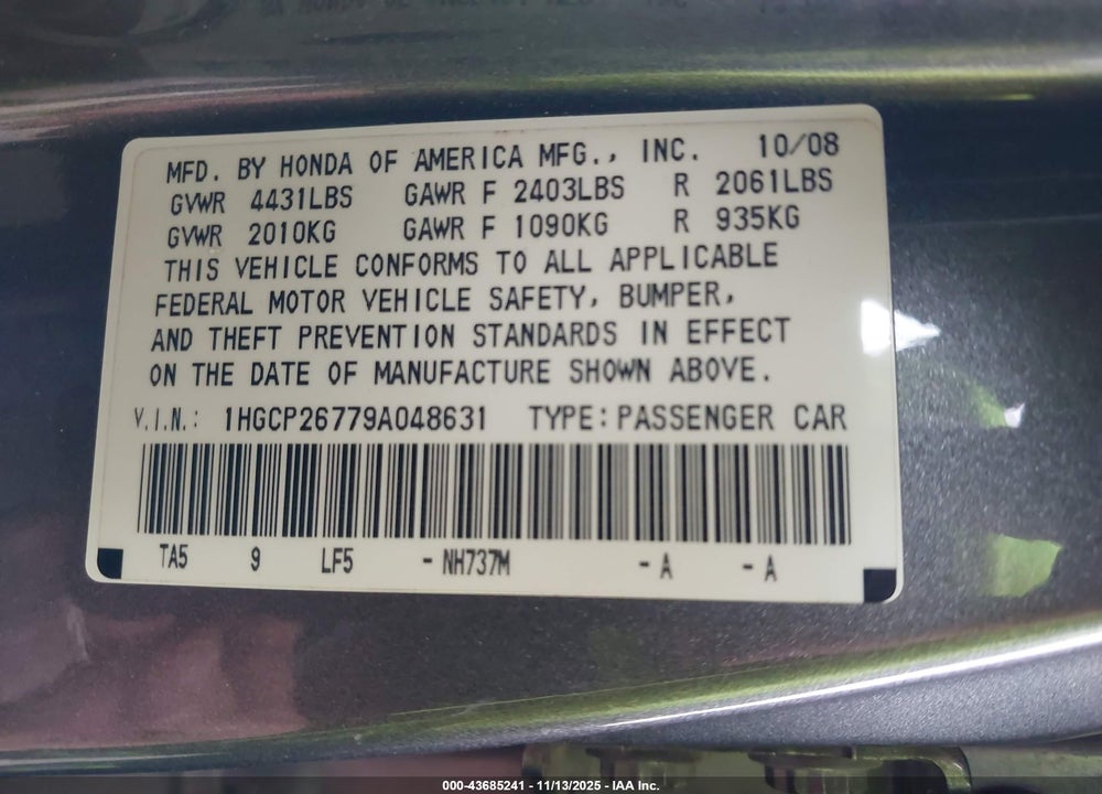 2009 HONDA ACCORD 2.4 EX VIN: 1HGCP26779A048631