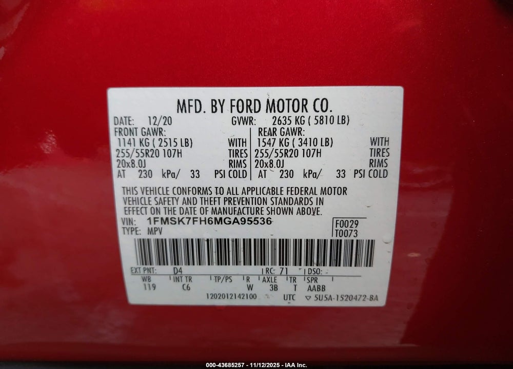 2021 FORD EXPLORER LIMITED VIN: 1FMSK7FH6MGA95536