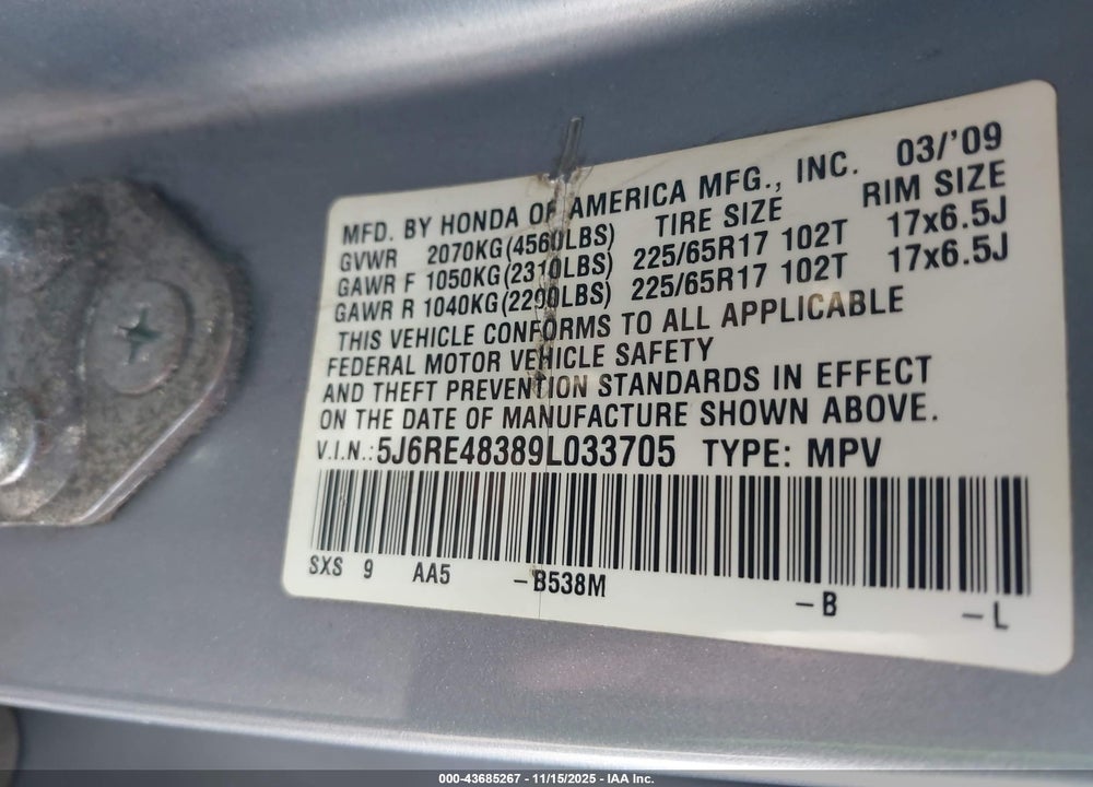 2009 HONDA CR-V LX VIN: 5J6RE48389L033705