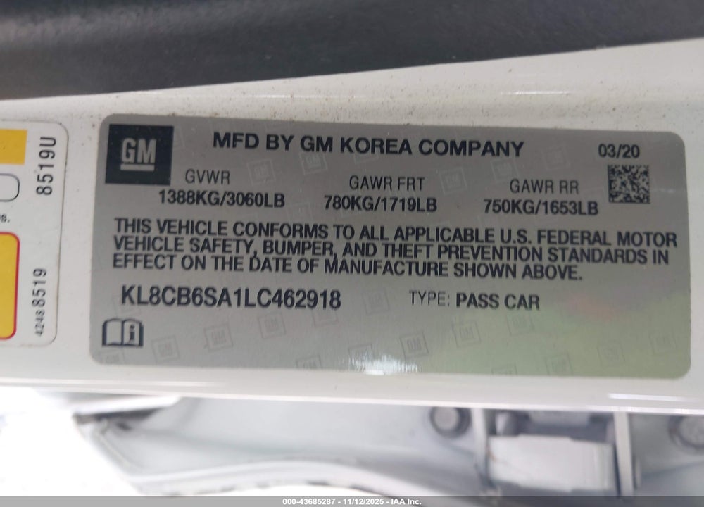 2020 CHEVROLET SPARK FWD LS AUTOMATIC VIN: KL8CB6SA1LC462918