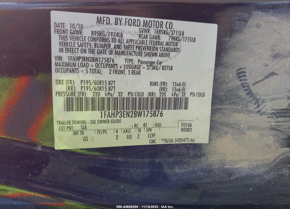 2011 FORD FOCUS S VIN: 1FAHP3EN2BW175876