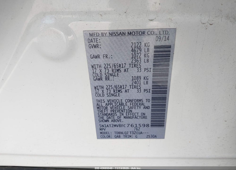2015 NISSAN ROGUE SV VIN: 5N1AT2MV8FC761598