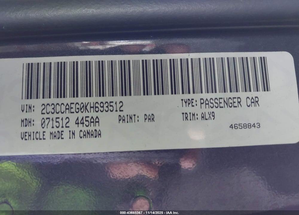 2019 CHRYSLER 300 LIMITED VIN: 2C3CCAEG0KH693512
