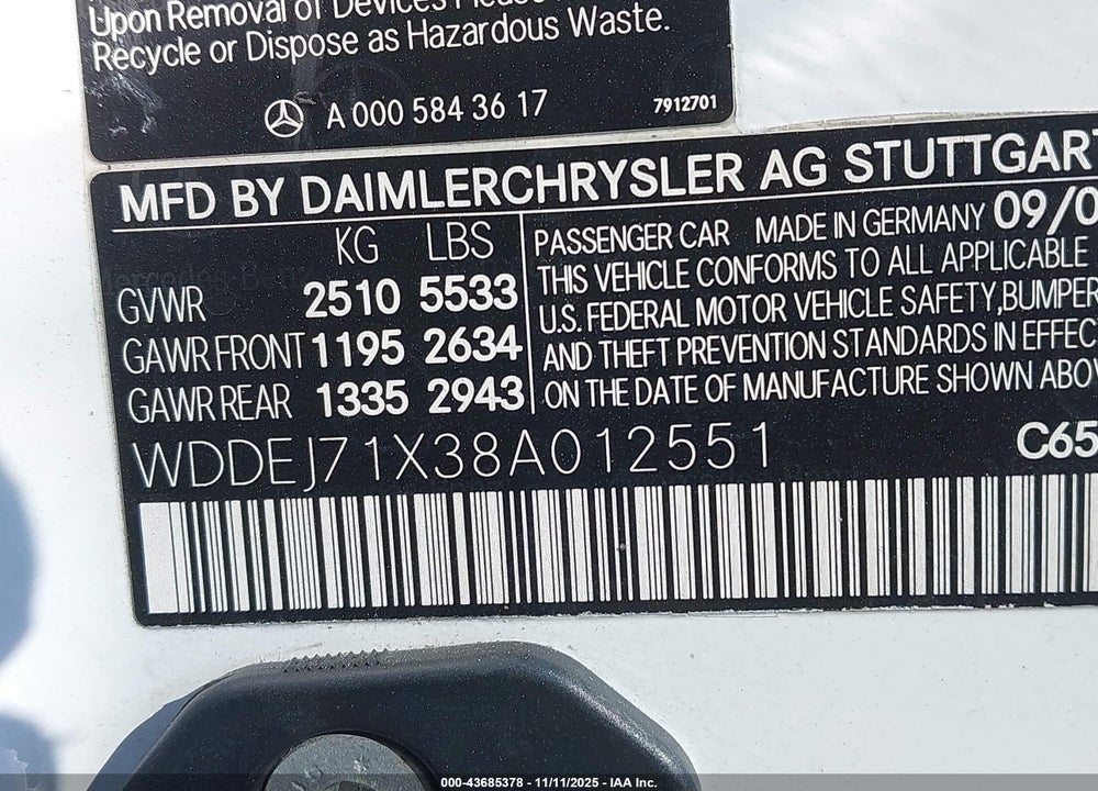 2008 MERCEDES-BENZ CL 550 VIN: WDDEJ71X38A012551