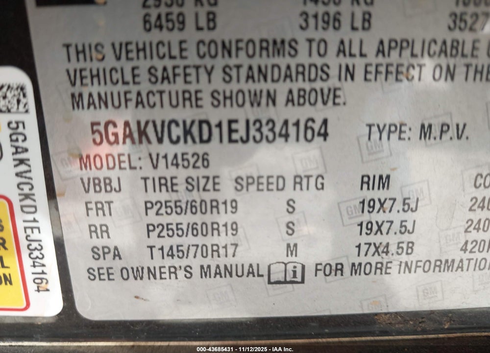 2014 BUICK ENCLAVE PREMIUM VIN: 5GAKVCKD1EJ334164