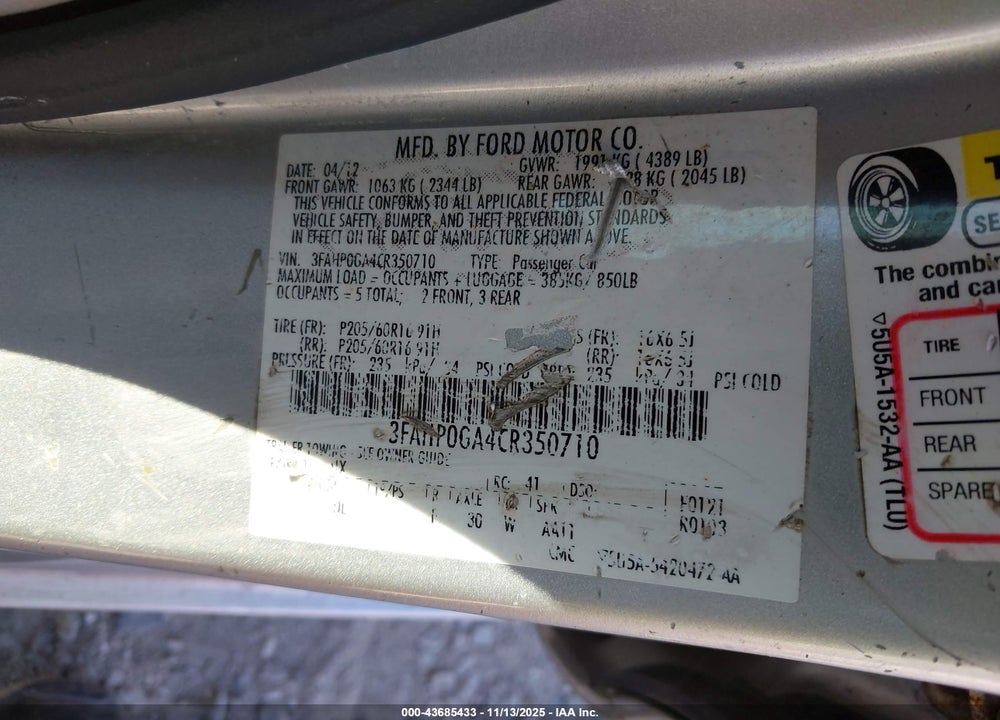 2012 FORD FUSION S VIN: 3FAHP0GA4CR350710