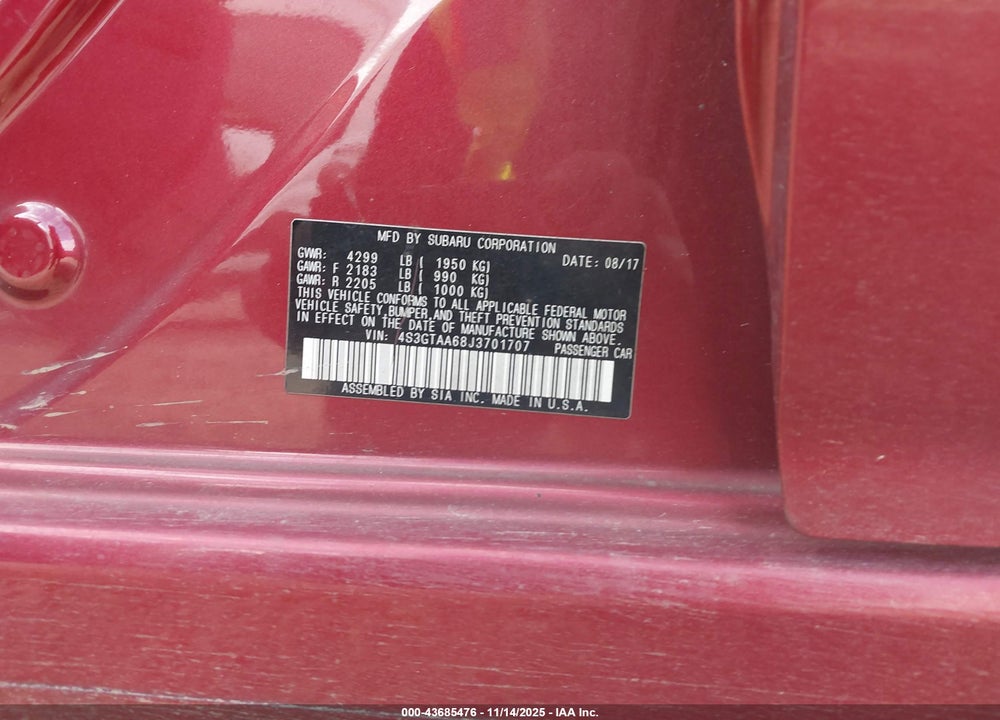 2018 SUBARU IMPREZA 2.0I VIN: 4S3GTAA68J3701707