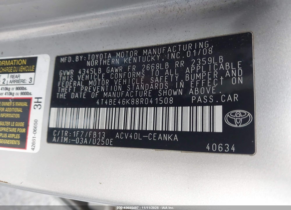 2008 TOYOTA CAMRY LE VIN: 4T4BE46K88R041508