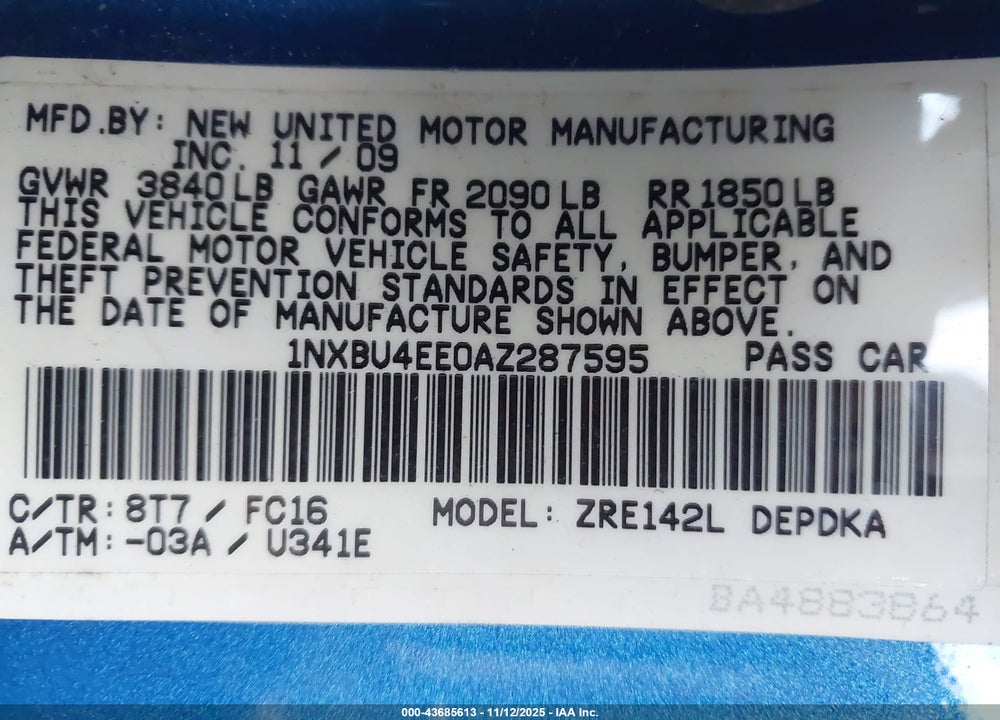 2010 TOYOTA COROLLA VIN: 1NXBU4EE0AZ287595