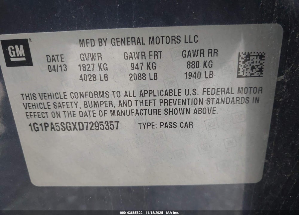 2013 CHEVROLET CRUZE VIN: 1G1PA5SGXD7295357