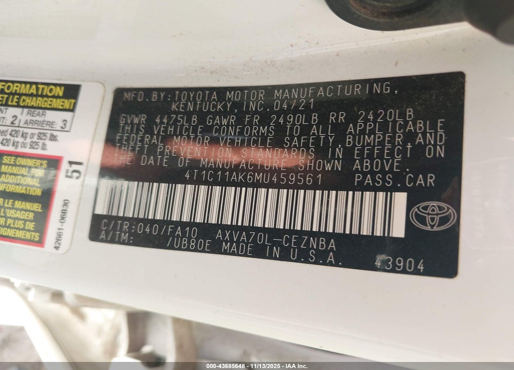 2021 TOYOTA CAMRY LE VIN: 4T1C11AK6MU459561