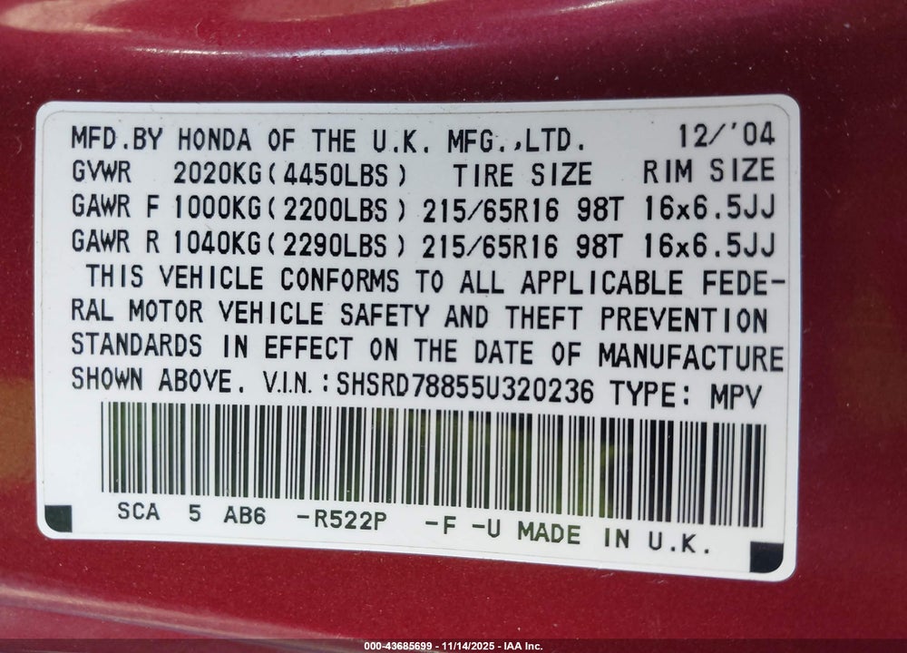 2005 HONDA CR-V EX VIN: SHSRD78855U320236