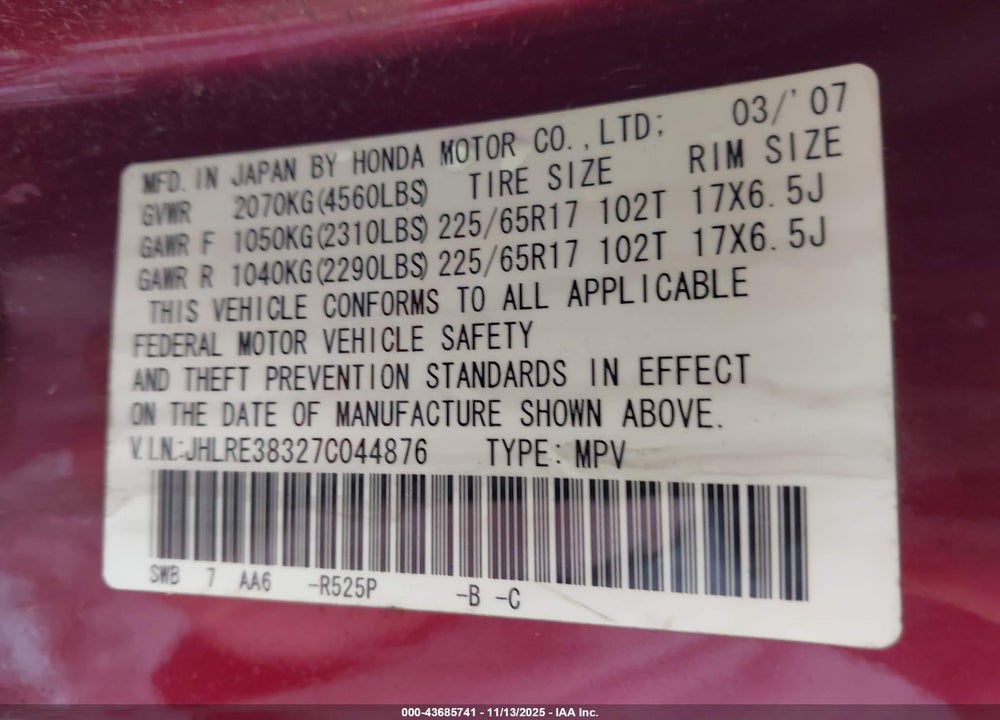 2007 HONDA CR-V LX VIN: JHLRE38327C044876