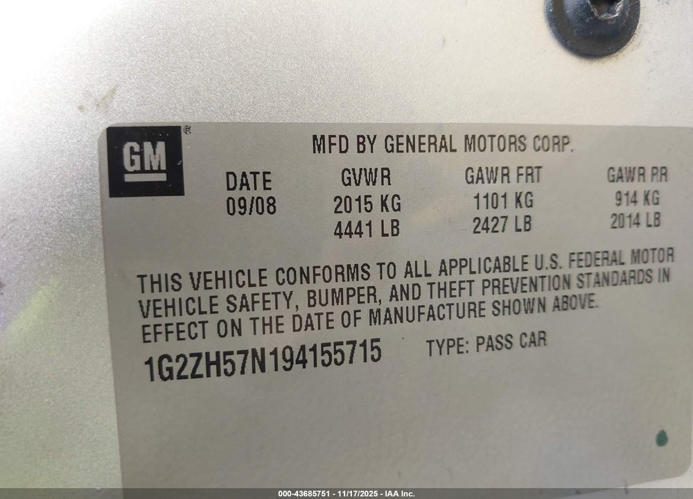 2009 PONTIAC G6 GT VIN: 1G2ZH57N194155715