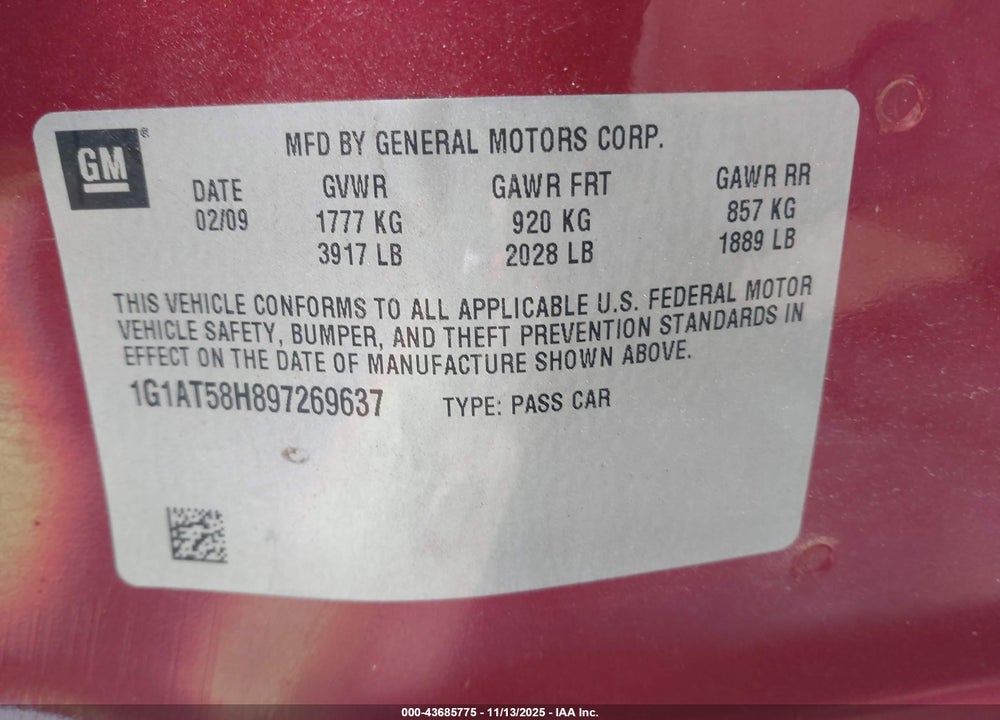 2009 CHEVROLET COBALT LT VIN: 1G1AT58H897269637