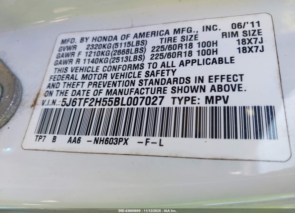 2011 HONDA ACCORD CROSSTOUR VIN: 5J6TF2H55BL007027