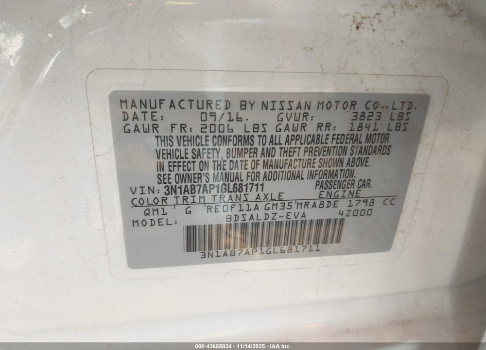 2016 NISSAN SENTRA SV VIN: 3N1AB7AP1GL681711