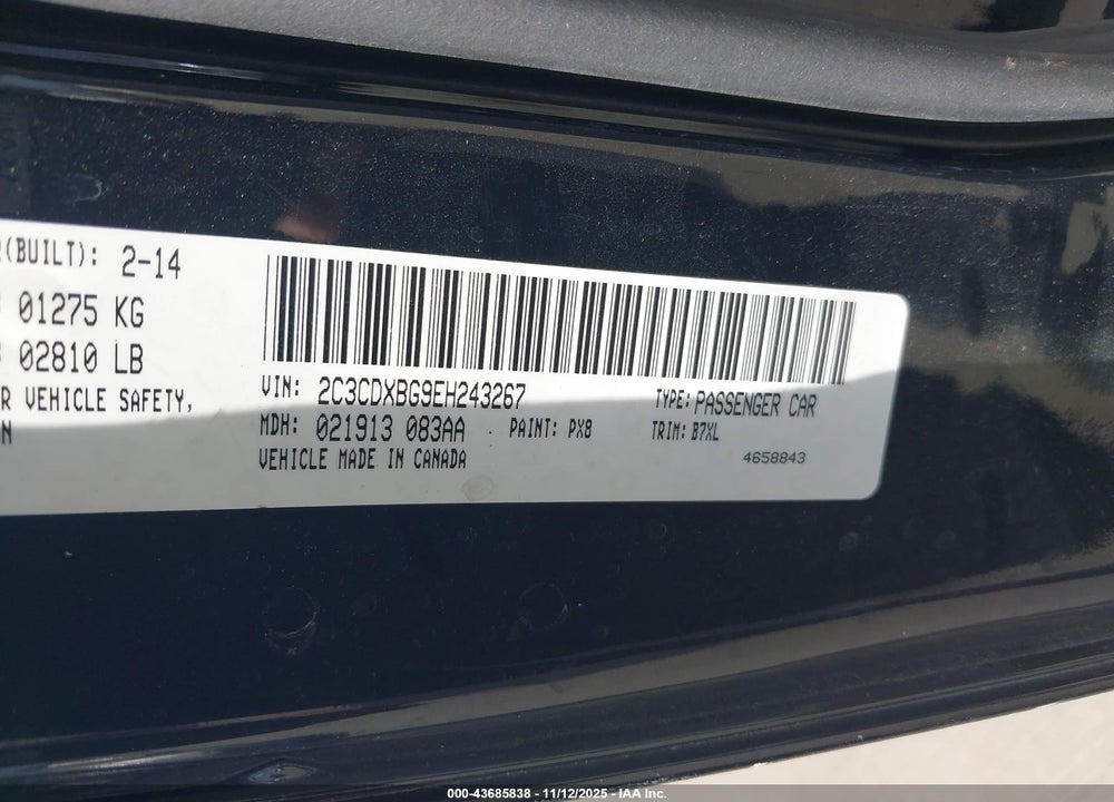 2014 DODGE CHARGER SE VIN: 2C3CDXBG9EH243267