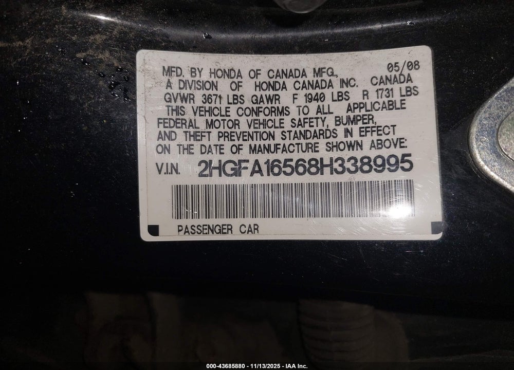2008 HONDA CIVIC LX VIN: 2HGFA16568H338995