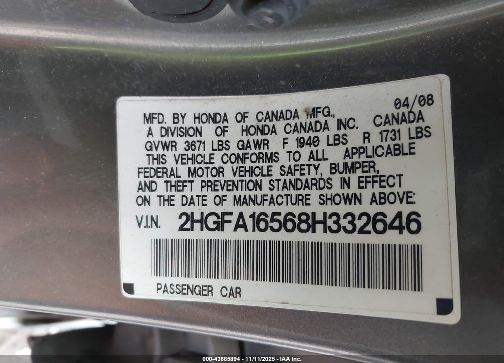 2008 HONDA CIVIC LX VIN: 2HGFA16568H332646