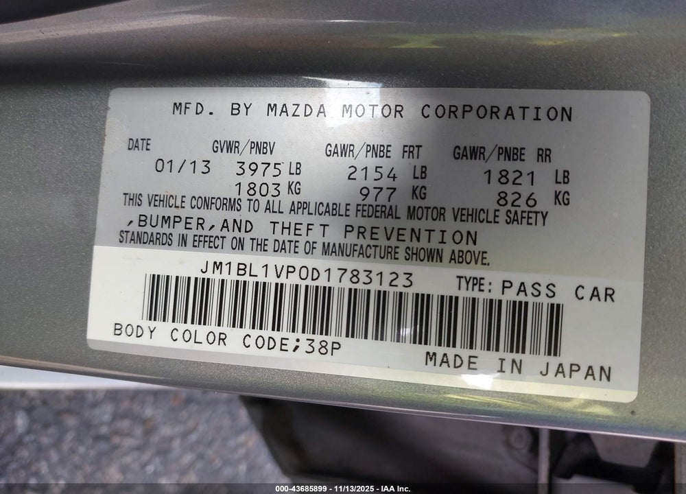 2013 MAZDA 3 I TOURING VIN: JM1BL1VP0D1783123