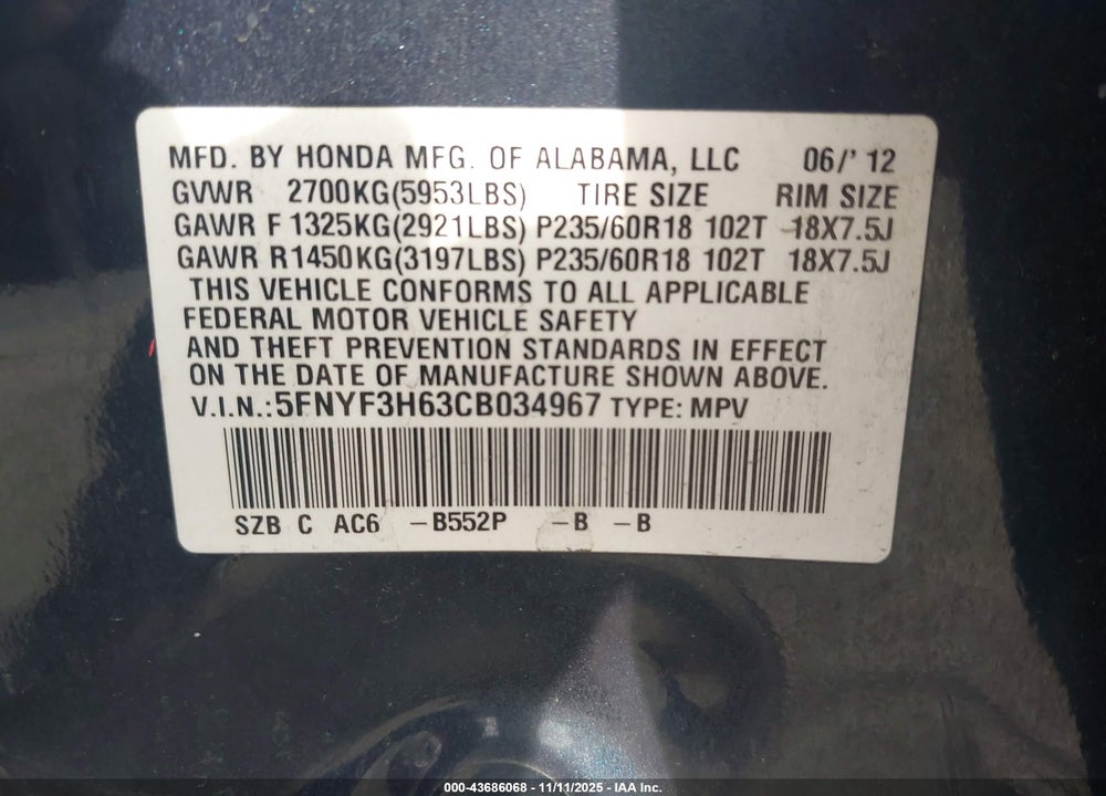 2012 HONDA PILOT EX-L VIN: 5FNYF3H63CB034967